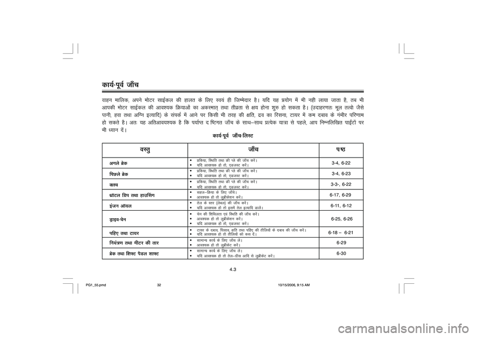 YAMAHA YD110 2007 Owners Guide 4.3
dk;Z&iwoZ tk¡pokgu ekfyd] vius e¨Vj lkbZdy dh gkyr ds fy, Lo;a gh ftEesnkj gSA ;fn ;g ç;¨x esa Hkh ugh yk;k tkrk gS] rc Hkh
vkidh e¨Vj lkbZdy dh vko;d fØ;kv¨a dk vdLekr~ rFkk rhozrk ls {k;