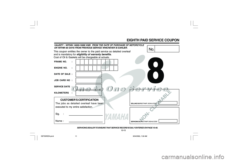 YAMAHA YD110 2006  Owners Manual NON- CLAIMABLE
This coupon entitles the owner to the paid service as detailed overleaf
and is mandatory for 
eligibility of warranty benefits.
Cost of Oil & Gaskets will be chargeable at actuals.
No.
