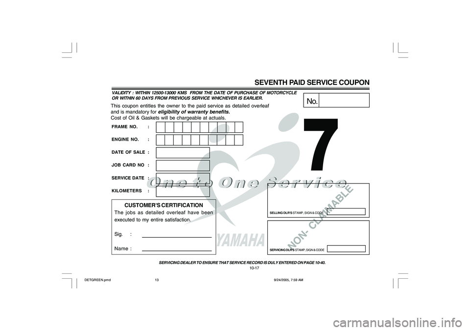 YAMAHA YD110 2006  Owners Manual NON- CLAIMABLE
This coupon entitles the owner to the paid service as detailed overleaf
and is mandatory for 
eligibility of warranty benefits.
Cost of Oil & Gaskets will be chargeable at actuals.
No.
