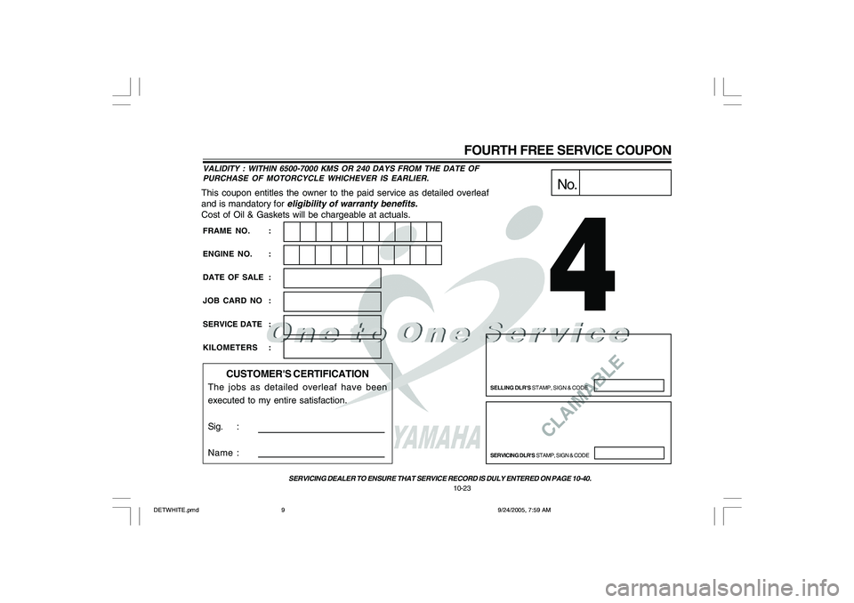 YAMAHA YD110 2006  Owners Manual CLAIMABLE
This coupon entitles the owner to the paid service as detailed overleaf
and is mandatory for eligibility of warranty benefits.
Cost of Oil & Gaskets will be chargeable at actuals.
No.
SELLIN