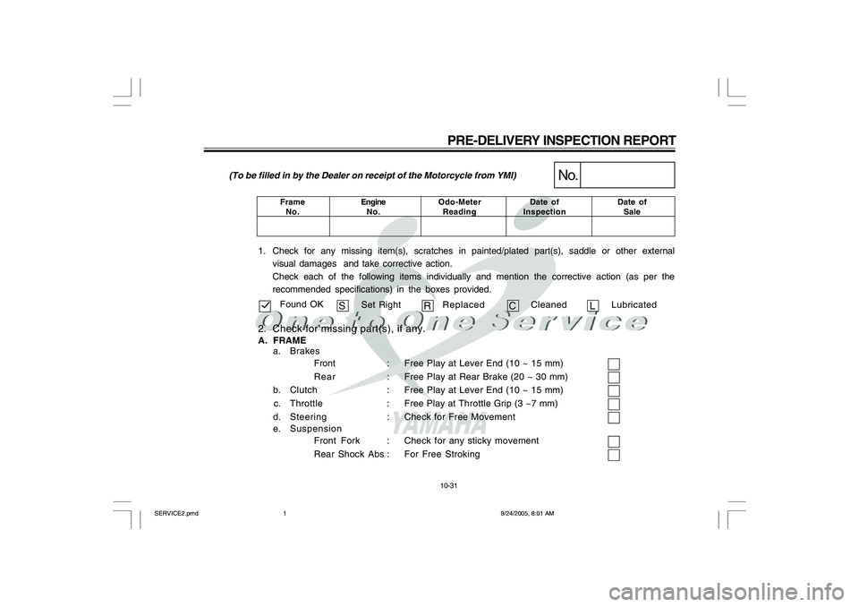 YAMAHA YD110 2006  Owners Manual 10-31
1. Check for any missing item(s), scratches in painted/plated part(s), saddle or other external
visual damages  and take corrective action.
Check each of the following items individually and men
