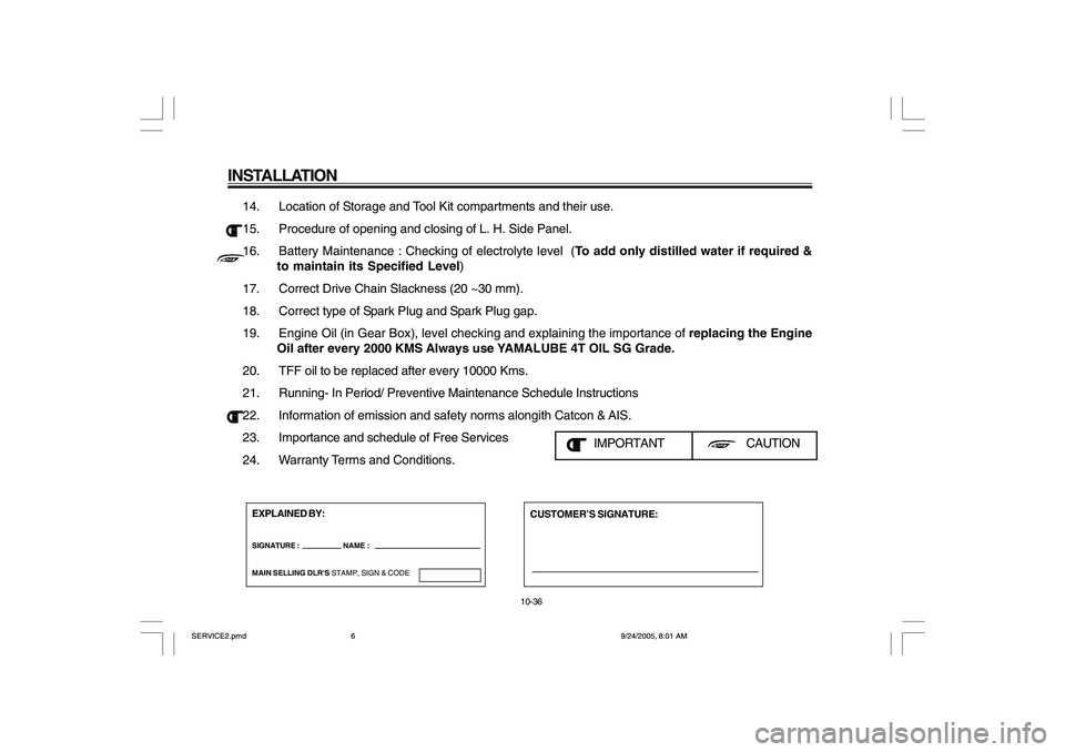 YAMAHA YD110 2006  Owners Manual 14. Location of Storage and Tool Kit compartments and their use.
15. Procedure of opening and closing of L. H. Side Panel.
16. Battery Maintenance : Checking of electrolyte level  (
To add only distil