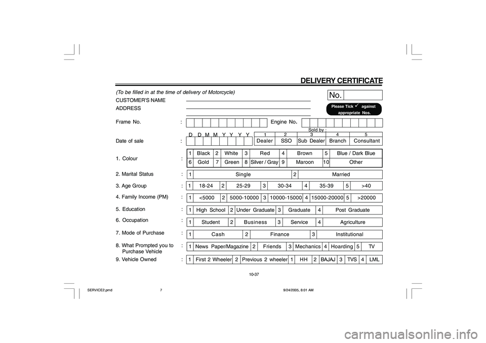 YAMAHA YD110 2006  Owners Manual DELIVERY CERTIFICATE
(To be filled in at the time of delivery of Motorcycle)CUSTOMER’S NAME
ADDRESS
No.Please Tick 
  against
 appropriate Nos.
Engine No.
1. Colour : Date of sale :
9. Vehicle Owne
