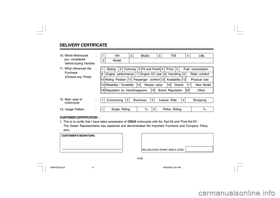 YAMAHA YD110 2006  Owners Manual 10-38
CUSTOMER CERTIFICATION  :
1. This is to certify that I have taken possession of CRUX motorcycle with the Tool Kit and “First Aid Kit”.
The Dealer Representative has explained and demonstrate