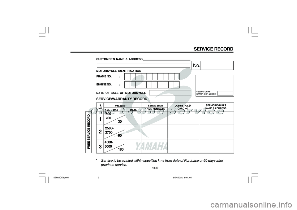 YAMAHA YD110 2006  Owners Manual *
Service to be availed within specified kms from date of Purchase or 60 days after
previous service.
CUSTOMERS NAME & ADDRESS
MOTORCYCLE IDENTIFICATION
DATE OF SALE OF MOTORCYCLE
30
90
180 SERVICE/W