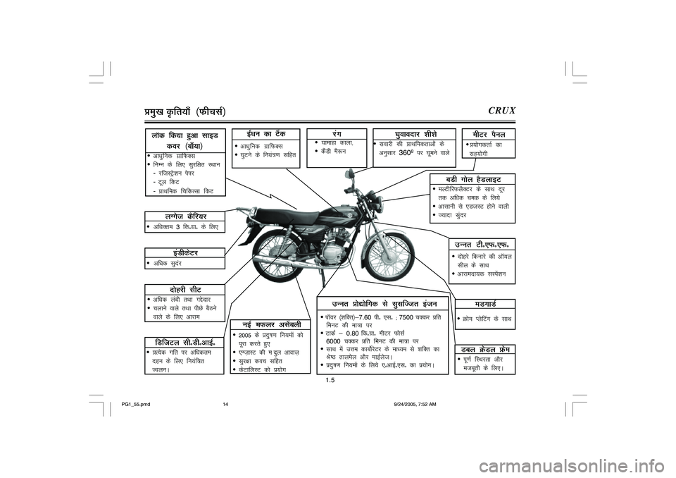YAMAHA YD110 2006 User Guide çeq[k Ñfr;k¡ ¼QhplZ½
CRUX
1.5
vk/kqfud xzkfQDl
?kqVus ds fu;a=k.k lfgr
b±/ku dk VSad
jax
 ;kekgk dkyk]
 dSaMh eS:u
?kqokonkj khks
lokjh dh çkFkfedrkv¨a ds
vuqlkj 360º ij ?kweus okys
mU
