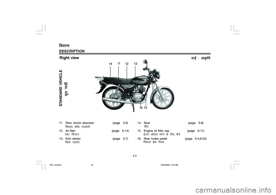 YAMAHA YD110 2006 User Guide DESCRIPTIONfooj.k
2.2
11. Rear shock absorber(page 3-9)
12. Air filter (page 6-14)
13. Kick starter (page 3-7)
fiNyk kkWd ,Ct+kcZj
,;j fQYVj
fdd LVkVZj
14. Seat(page 3-8)
15. Engine oil fill YAMAHA YD110 2006 User Guide DESCRIPTIONfooj.k
2.2
11. Rear shock absorber(page 3-9)
12. Air filter (page 6-14)
13. Kick starter (page 3-7)
fiNyk kkWd ,Ct+kcZj
,;j fQYVj
fdd LVkVZj
14. Seat(page 3-8)
15. Engine oil fill