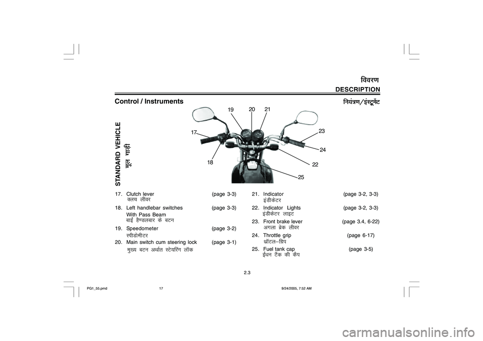 YAMAHA YD110 2006 User Guide DESCRIPTION
fu;a=k.k@baLVªwesaV
Control / Instruments
fooj.k
17. Clutch lever (page 3-3)
18. Left handlebar switches(page 3-3)
With Pass Beam
19. Speedometer(page 3-2)
20. Main switch cum steering lo YAMAHA YD110 2006 User Guide DESCRIPTION
fu;a=k.k@baLVªwesaV
Control / Instruments
fooj.k
17. Clutch lever (page 3-3)
18. Left handlebar switches(page 3-3)
With Pass Beam
19. Speedometer(page 3-2)
20. Main switch cum steering lo