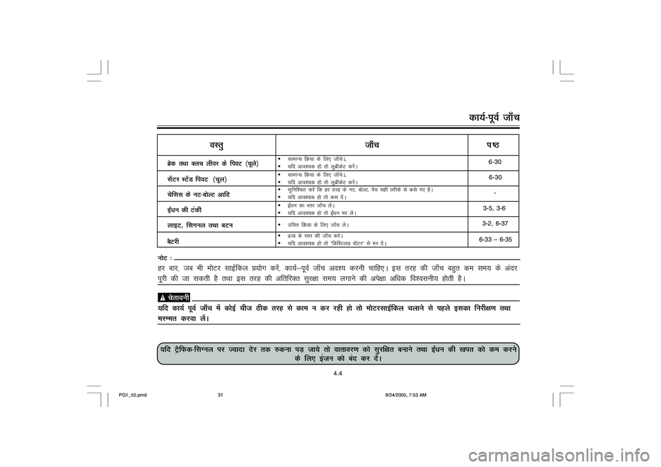 YAMAHA YD110 2006 Owners Guide dk;Z&iwoZ tk¡p
;fn VªSfQd&flXuy ij T;knk nsj rd #duk iM+ tk;s r¨ okrkoj.k d¨ lqjf{kr cukus rFkk b±/ku dh [kir d¨ de djus
ds fy, batu d¨ can dj nsaA
4.4
czsd rFkk Dyp yhoj ds fioV ¼pwys½lsaVj YAMAHA YD110 2006 Owners Guide dk;Z&iwoZ tk¡p
;fn VªSfQd&flXuy ij T;knk nsj rd #duk iM+ tk;s r¨ okrkoj.k d¨ lqjf{kr cukus rFkk b±/ku dh [kir d¨ de djus
ds fy, batu d¨ can dj nsaA
4.4
czsd rFkk Dyp yhoj ds fioV ¼pwys½lsaVj