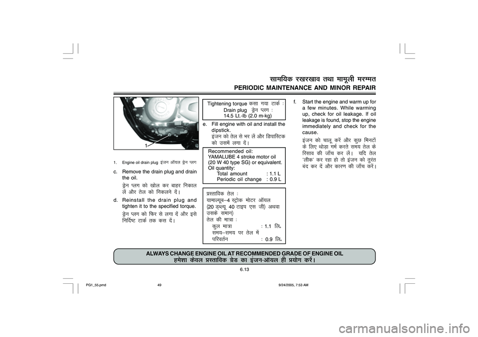 YAMAHA YD110 2006  Owners Manual 1. Engine oil drain plug  
batu vkW;y Mªsu Iyx
c. Remove the drain plug and drain
the oil.
Mªsu Iyx dks [kksy dj ckgj fudky
ysa v©j rsy dks fudyus nsaA
d. Reinstall the drain plug and
tighten it to