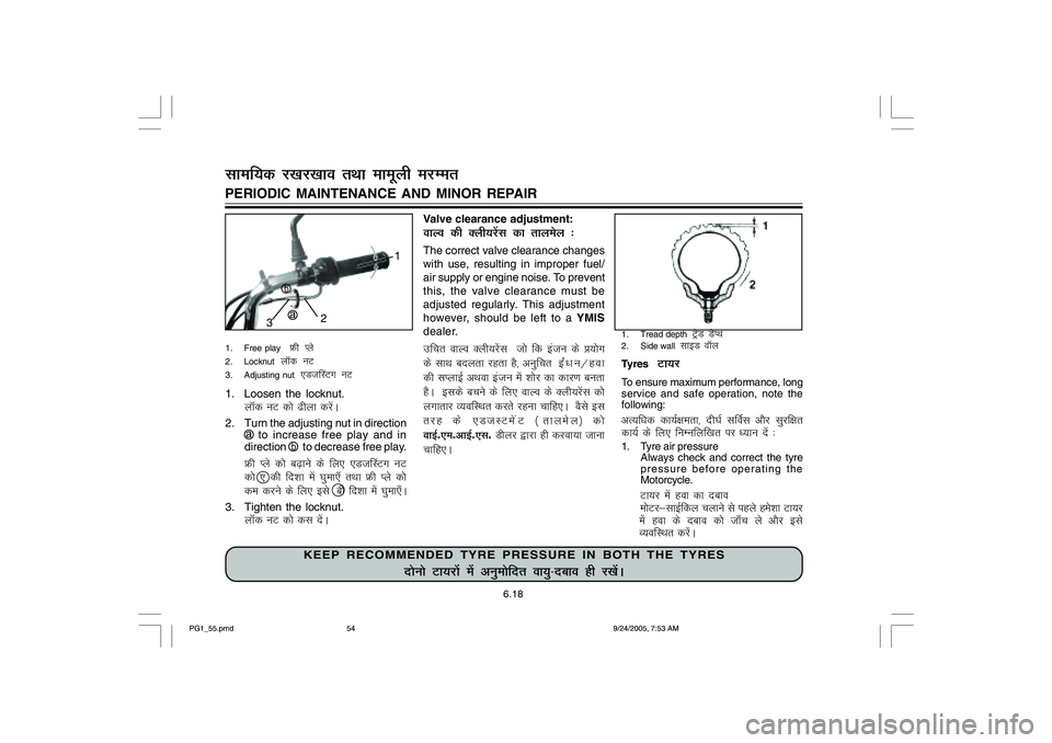 YAMAHA YD110 2006 Workshop Manual 1. Tread depth  
VsªªM MsIFk
2. Side wall  
lkbM okWy
Tyres 
 Vk;j
To ensure maximum performance, long
service and safe operation, note the
following:vR;f/kd dk;Z{kerk] nh?kZ l£ol v©j lqjf{kr
dk;Z