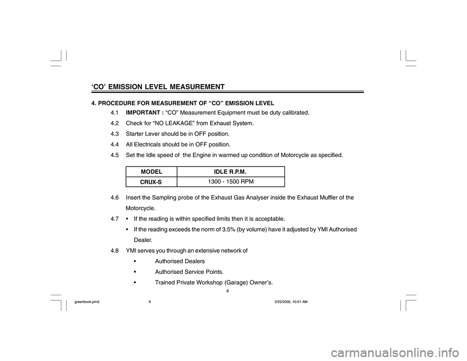 YAMAHA YD110 2005  Owners Manual 4. PROCEDURE FOR MEASUREMENT OF “CO” EMISSION LEVEL
4.1IMPORTANT : “CO” Measurement Equipment must be duty calibrated.
4.2 Check for “NO LEAKAGE” from Exhaust System.
4.3 Starter Lever sho