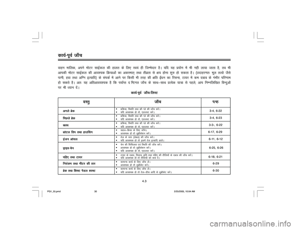 YAMAHA YD110 2005 Owners Guide 4.3
dk;Z&iwoZ tk¡pokgu ekfyd] vius e¨Vj lkbZdy dh gkyr ds fy, Lo;a gh ftEesnkj gSA ;fn ;g ç;¨x esa Hkh ugh yk;k tkrk gS] rc Hkh
vkidh e¨Vj lkbZdy dh vko;d fØ;kv¨a dk vdLekr~ rFkk rhozrk ls {k;