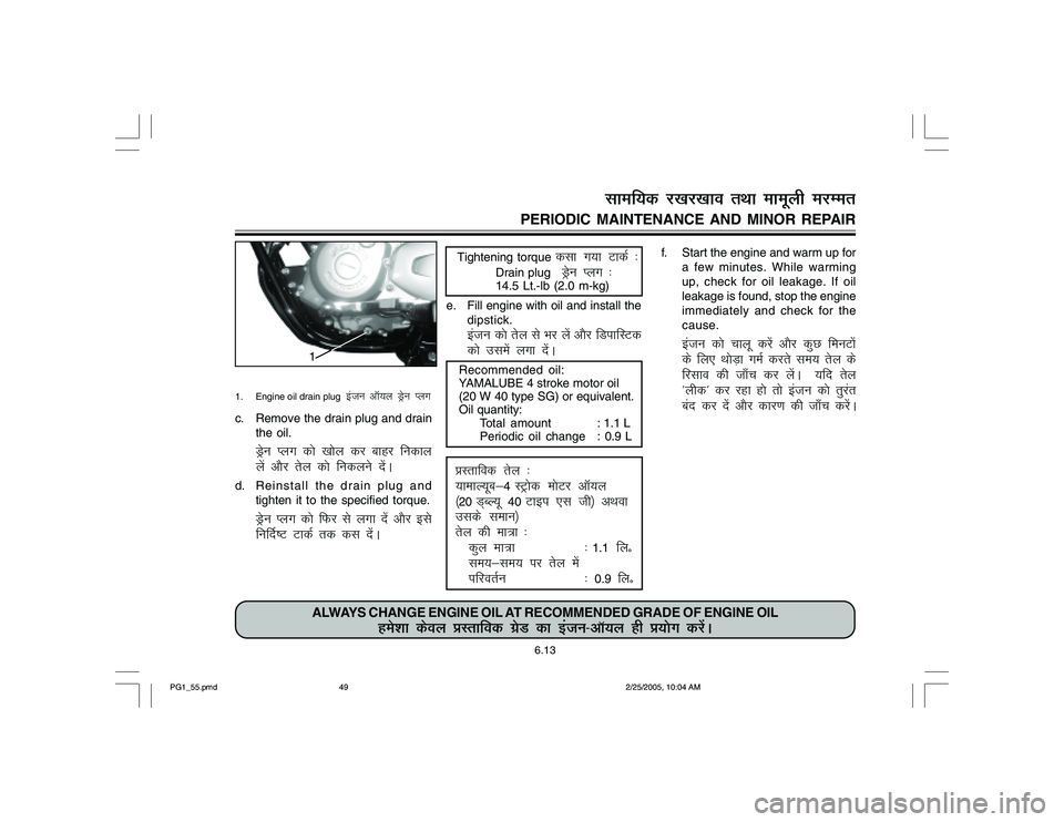 YAMAHA YD110 2005 Workshop Manual 1. Engine oil drain plug  
batu vkW;y Mªsu Iyx
c. Remove the drain plug and drain
the oil.
Mªsu Iyx dks [kksy dj ckgj fudky
ysa v©j rsy dks fudyus nsaA
d. Reinstall the drain plug and
tighten it to