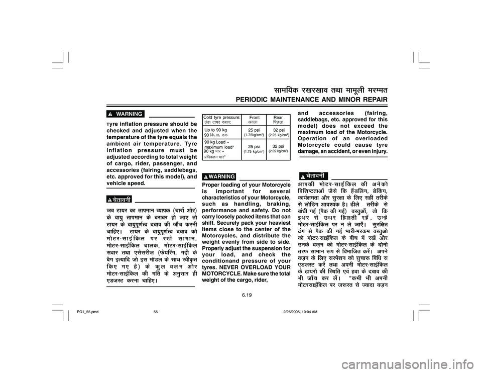 YAMAHA YD110 2005  Owners Manual         
WARNING
Tyre inflation pressure should be
checked and adjusted when the
temperature of the tyre equals the
ambient air temperature. Tyre
inflation pressure must be
adjusted according to total