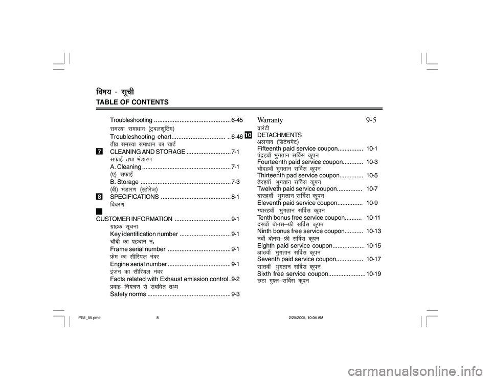 YAMAHA YD110 2005 Owners Manual TABLE OF CONTENTSfo"k; & lwph
Troubleshooting.............................................6-45leL;k lek/kku ¼Vªcykw¯Vx½Troubleshooting chart............................... ..6-46rhoz leL;k lek/kk YAMAHA YD110 2005 Owners Manual TABLE OF CONTENTSfo"k; & lwph
Troubleshooting.............................................6-45leL;k lek/kku ¼Vªcykw¯Vx½Troubleshooting chart............................... ..6-46rhoz leL;k lek/kk
