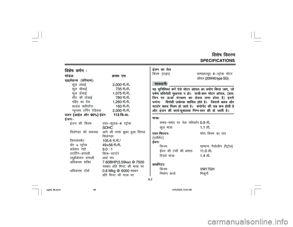 YAMAHA YD110 2005  Owners Manual foks"k o.kZu %ekWMyØDl ,lMkbesakUl ¼ifjek.k½%
dqy yackbZ
2,000
 ehñehñ
dqy p©MkbZ
735
 ehñehñ
dqy Å¡pkbZ
1,075
 ehñehñ
lhV dh Å¡pkbZ
780
 ehñehñ
ifg, dk csal
1,260
 ehñehñ
xzkÅaM 