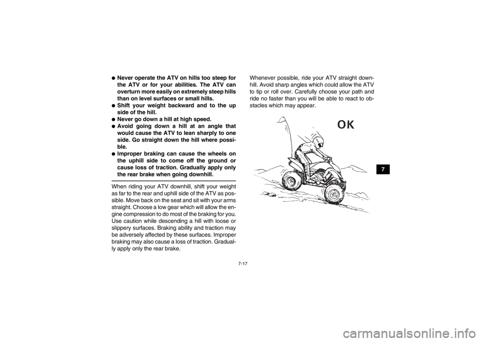 YAMAHA YFM250R 2013 Manual PDF 7-17
7
●Never operate the ATV on hills too steep for
the ATV or for your abilities. The ATV can
overturn more easily on extremely steep hills
than on level surfaces or small hills.●Shift your weig YAMAHA YFM250R 2013 Manual PDF 7-17
7
●Never operate the ATV on hills too steep for
the ATV or for your abilities. The ATV can
overturn more easily on extremely steep hills
than on level surfaces or small hills.●Shift your weig