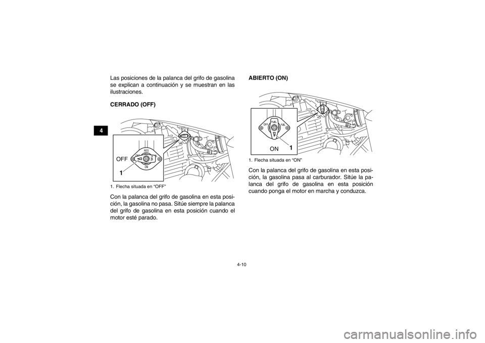 YAMAHA YFM250R 2013 Manuale de Empleo (in Spanish) 4-10
4Las posiciones de la palanca del grifo de gasolina
se explican a continuación y se muestran en las
ilustraciones.
CERRADO (OFF)
Con la palanca del grifo de gasolina en esta posi-
ción, la gaso YAMAHA YFM250R 2013 Manuale de Empleo (in Spanish) 4-10
4Las posiciones de la palanca del grifo de gasolina
se explican a continuación y se muestran en las
ilustraciones.
CERRADO (OFF)
Con la palanca del grifo de gasolina en esta posi-
ción, la gaso