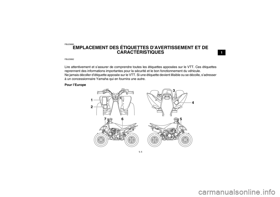 YAMAHA YFM250R 2013 Notices Demploi (in French) 1-1
1
FBU29680
EMPLACEMENT DES ÉTIQUETTES D’AVERTISSEMENT ET DE CARACTÉRISTIQUES
FBU29992Lire attentivement et s’assurer de comprendre toutes les étiquettes apposées sur le VTT. Ces étiquett YAMAHA YFM250R 2013 Notices Demploi (in French) 1-1
1
FBU29680
EMPLACEMENT DES ÉTIQUETTES D’AVERTISSEMENT ET DE CARACTÉRISTIQUES
FBU29992Lire attentivement et s’assurer de comprendre toutes les étiquettes apposées sur le VTT. Ces étiquett