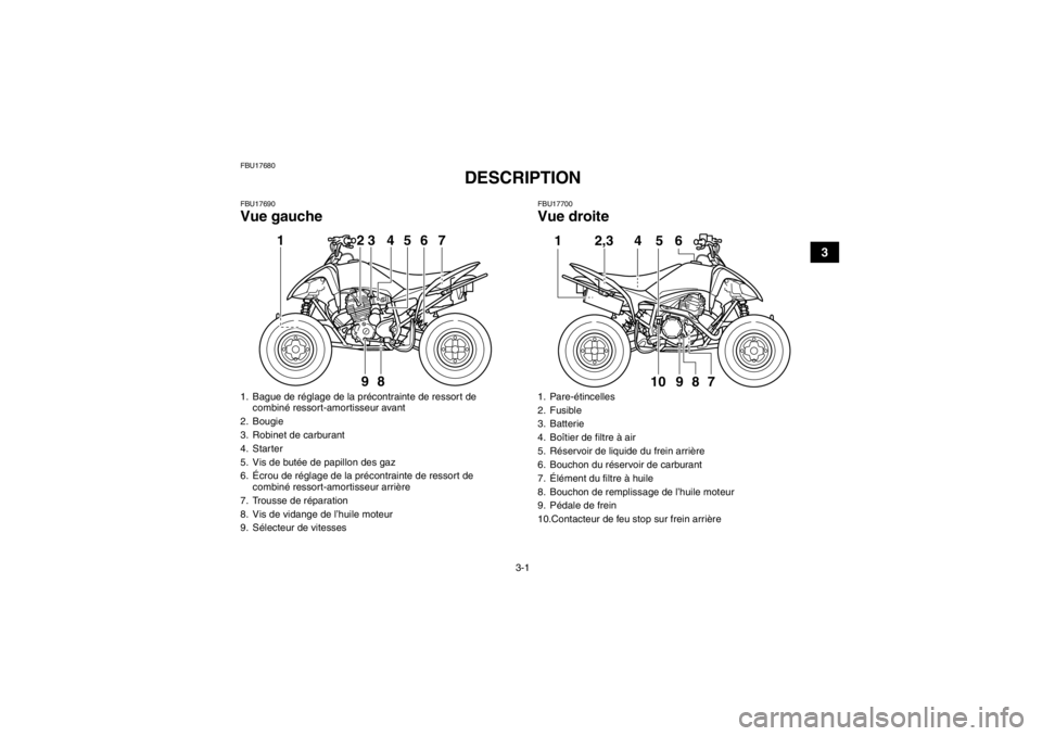 YAMAHA YFM250R 2013 Notices Demploi (in French) 3-1
3
FBU17680
DESCRIPTION
FBU17690Vue gauche
FBU17700Vue droite
1. Bague de réglage de la précontrainte de ressort de combiné ressort-amortisseur avant
2. Bougie
3. Robinet de carburant
4. Starte YAMAHA YFM250R 2013 Notices Demploi (in French) 3-1
3
FBU17680
DESCRIPTION
FBU17690Vue gauche
FBU17700Vue droite
1. Bague de réglage de la précontrainte de ressort de combiné ressort-amortisseur avant
2. Bougie
3. Robinet de carburant
4. Starte