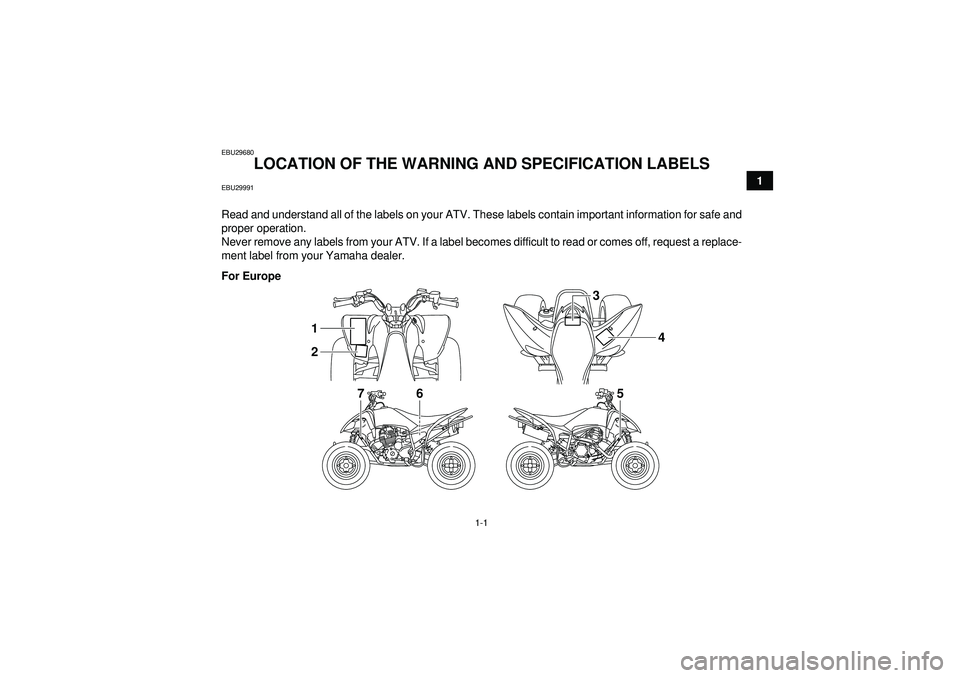 YAMAHA YFM250R 2012 User Guide 1-1
1
EBU29680
LOCATION OF THE WARNING AND SPECIFICATION LABELS
EBU29991Read and understand all of the labels on your ATV. These labels contain important information for safe and
proper operation.
Ne YAMAHA YFM250R 2012 User Guide 1-1
1
EBU29680
LOCATION OF THE WARNING AND SPECIFICATION LABELS
EBU29991Read and understand all of the labels on your ATV. These labels contain important information for safe and
proper operation.
Ne