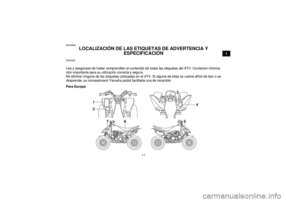 YAMAHA YFM250R 2012  Manuale de Empleo (in Spanish) 1-1
1
SBU29680
LOCALIZACIÓN DE LAS ETIQUETAS DE ADVERTENCIA Y 
ESPECIFICACI ÓN 
SBU29991Lea y aseg úrese de haber comprendido el contenido de todas las etiquetas del ATV. Contienen informa-
ci ón 