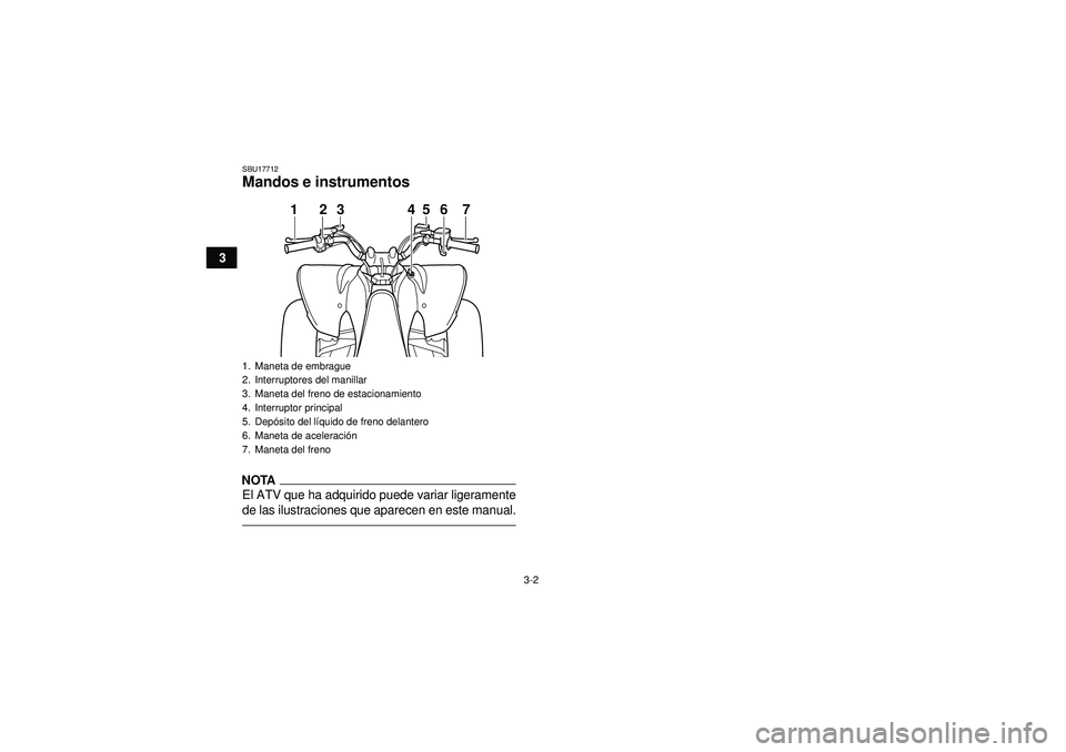 YAMAHA YFM250R 2012  Manuale de Empleo (in Spanish) 3-2
3
SBU17712Mandos e instrumentosNOTAEl ATV que ha adquirido puede variar ligeramente
de las ilustraciones que aparecen en este manual.1. Maneta de embrague
2. Interruptores del manillar
3. Maneta d