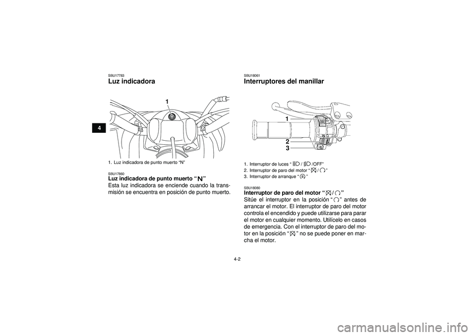YAMAHA YFM250R 2012  Manuale de Empleo (in Spanish) 4-2
4
SBU17783Luz indicadora SBU17860Luz indicadora de punto muerto“” 
Esta luz indicadora se enciende cuando la trans-
misi ón se encuentra en posici ón de punto muerto.
SBU18061Interruptores d