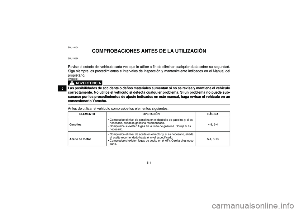 YAMAHA YFM250R 2012 Manuale de Empleo (in Spanish) 5-1
5
SBU19201
COMPROBACIONES ANTES DE LA UTILIZACIÓN
SBU19224Revise el estado del vehí culo cada vez que lo utilice a fin de eliminar cualquier duda sobre su seguridad.
Siga siempre los procedimien YAMAHA YFM250R 2012 Manuale de Empleo (in Spanish) 5-1
5
SBU19201
COMPROBACIONES ANTES DE LA UTILIZACIÓN
SBU19224Revise el estado del vehí culo cada vez que lo utilice a fin de eliminar cualquier duda sobre su seguridad.
Siga siempre los procedimien