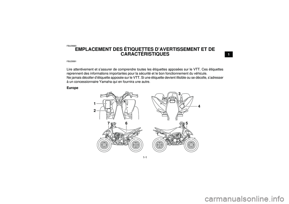 YAMAHA YFM250R 2012 Notices Demploi (in French) 1-1
1
FBU29680
EMPLACEMENT DES ÉTIQUETTES D ’AVERTISSEMENT ET DE
CARACT ÉRISTIQUES
FBU29991Lire attentivement et s ’assurer de comprendre toutes les étiquettes appos ées sur le VTT. Ces é YAMAHA YFM250R 2012 Notices Demploi (in French) 1-1
1
FBU29680
EMPLACEMENT DES ÉTIQUETTES D ’AVERTISSEMENT ET DE
CARACT ÉRISTIQUES
FBU29991Lire attentivement et s ’assurer de comprendre toutes les étiquettes appos ées sur le VTT. Ces é