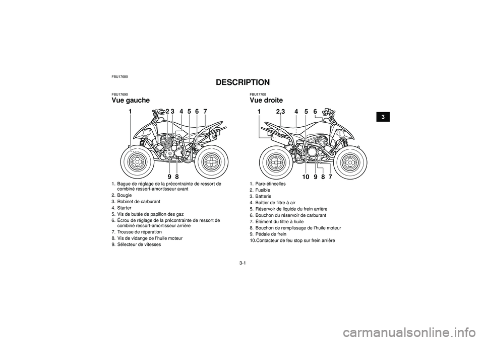 YAMAHA YFM250R 2012 Notices Demploi (in French) 3-1
3
FBU17680
DESCRIPTION
FBU17690Vue gauche
FBU17700Vue droite
1. Bague de réglage de la pr écontrainte de ressort de
combin é ressort-amortisseur avant
2. Bougie
3. Robinet de carburant
4. Sta YAMAHA YFM250R 2012 Notices Demploi (in French) 3-1
3
FBU17680
DESCRIPTION
FBU17690Vue gauche
FBU17700Vue droite
1. Bague de réglage de la pr écontrainte de ressort de
combin é ressort-amortisseur avant
2. Bougie
3. Robinet de carburant
4. Sta