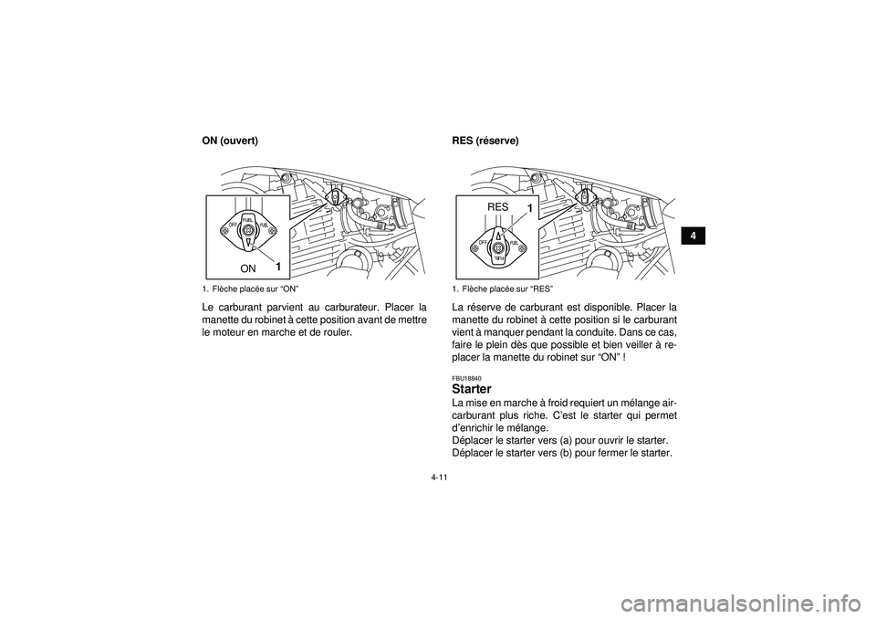 YAMAHA YFM250R 2012  Notices Demploi (in French) 4-11
4
ON (ouvert)
Le carburant parvient au carburateur. Placer la
manette du robinet à
 cette position avant de mettre
le moteur en marche et de rouler. RES (r
éserve)
La r éserve de carburant est