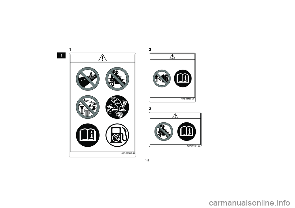 YAMAHA YFM250R 2011 User Guide 1-2
1
4D3-2816L-20
43P-2816P-00
43P-2816R-01
12
3
U1BT61E0.book Page 2 Tuesday, April 6, 2010 1:28 PM YAMAHA YFM250R 2011 User Guide 1-2
1
4D3-2816L-20
43P-2816P-00
43P-2816R-01
12
3
U1BT61E0.book Page 2 Tuesday, April 6, 2010 1:28 PM