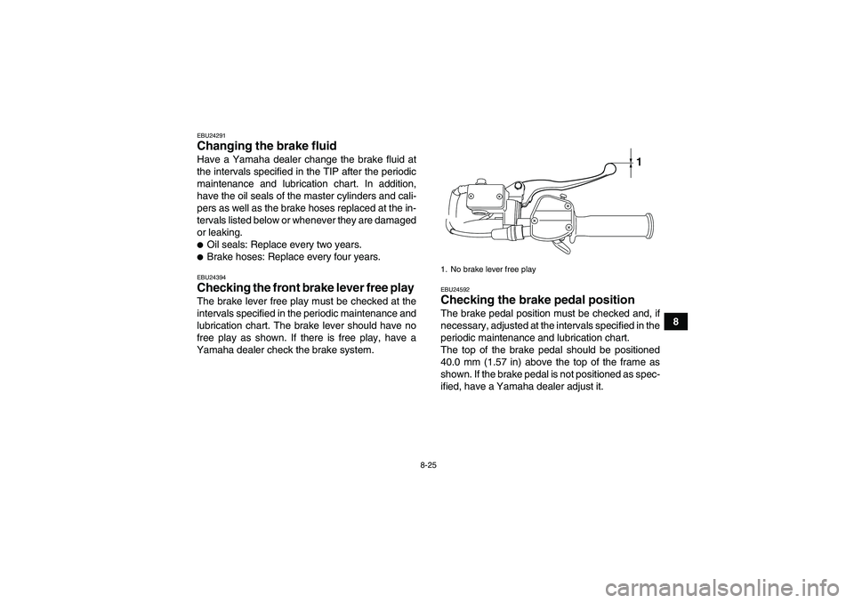 YAMAHA YFM250R 2011  Owners Manual 8-25
8
EBU24291Changing the brake fluid Have a Yamaha dealer change the brake fluid at
the intervals specified in the TIP after the periodic
maintenance and lubrication chart. In addition,
have the oi