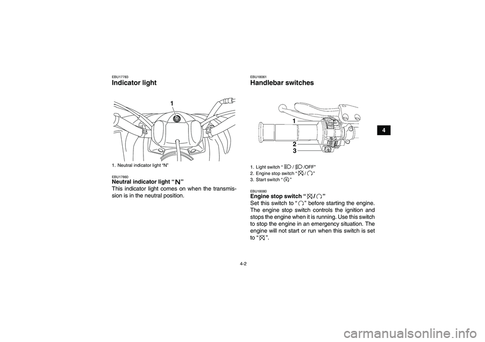 YAMAHA YFM250R 2011 Owners Manual 4-2
4
EBU17783Indicator light EBU17860Neutral indicator light“”
This indicator light comes on when the transmis-
sion is in the neutral position.
EBU18061Handlebar switches EBU18080Engine stop sw YAMAHA YFM250R 2011 Owners Manual 4-2
4
EBU17783Indicator light EBU17860Neutral indicator light“”
This indicator light comes on when the transmis-
sion is in the neutral position.
EBU18061Handlebar switches EBU18080Engine stop sw