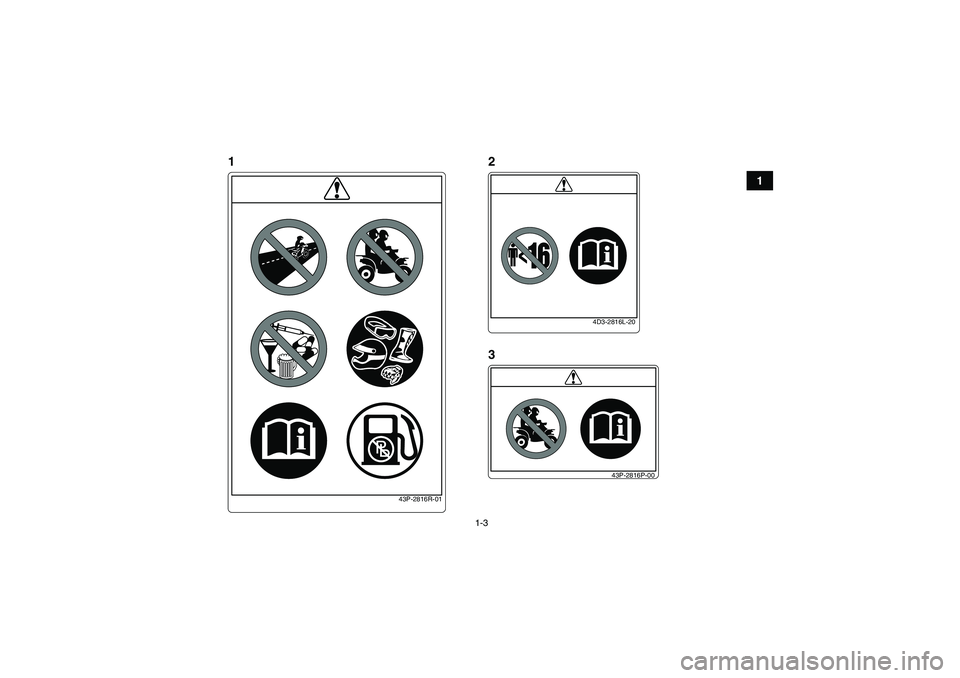 YAMAHA YFM250R 2011  Manuale de Empleo (in Spanish) 1-3
1
4D3-2816L-20
43P-2816P-00
43P-2816R-01
12
3
U1BT61S0.book  Page 3  Thursday, April 8, 2010  4:28 PM 