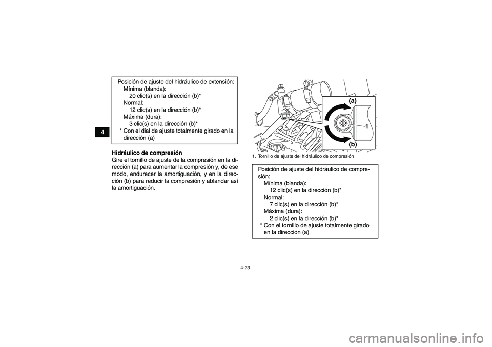 YAMAHA YFM250R 2011  Manuale de Empleo (in Spanish) 4-23
4
Hidráulico de compresión
Gire el tornillo de ajuste de la compresión en la di-
rección (a) para aumentar la compresión y, de ese
modo, endurecer la amortiguación, y en la direc-
ción (b)