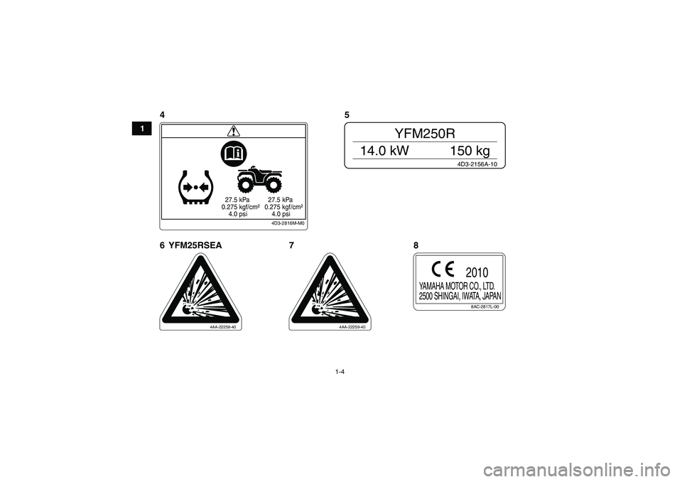 YAMAHA YFM250R 2011  Notices Demploi (in French) 1-4
1
4D3-2816M-M0
  27.5 kPa
0.275 kgf/cm²
    4.0 psi  27.5 kPa
0.275 kgf/cm²
    4.0 psi
4D3-2156A-10
YFM250R
14.0 kW 150 kg
4AA-22259-40
4AA-22259-40
8AC-2817L-00
YAMAHA MOTOR CO., LTD.
2500 SHI