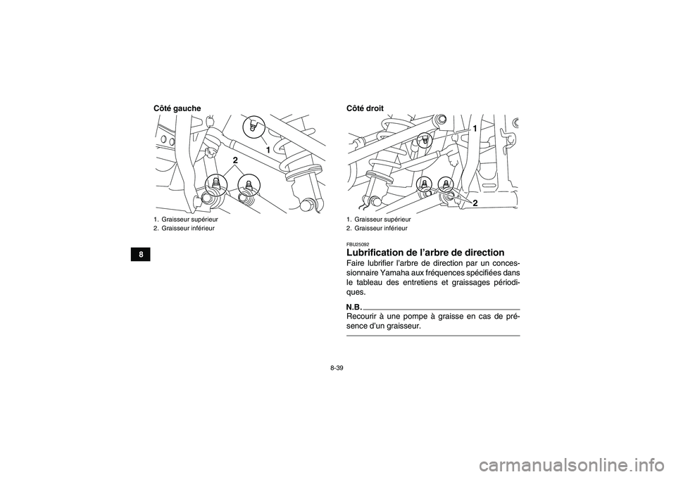 YAMAHA YFM250R 2011 Notices Demploi (in French) 8-39
8Côté gauche Côté droit
FBU25092Lubrification de l’arbre de direction Faire lubrifier l’arbre de direction par un conces-
sionnaire Yamaha aux fréquences spécifiées dans
le tableau des YAMAHA YFM250R 2011 Notices Demploi (in French) 8-39
8Côté gauche Côté droit
FBU25092Lubrification de l’arbre de direction Faire lubrifier l’arbre de direction par un conces-
sionnaire Yamaha aux fréquences spécifiées dans
le tableau des