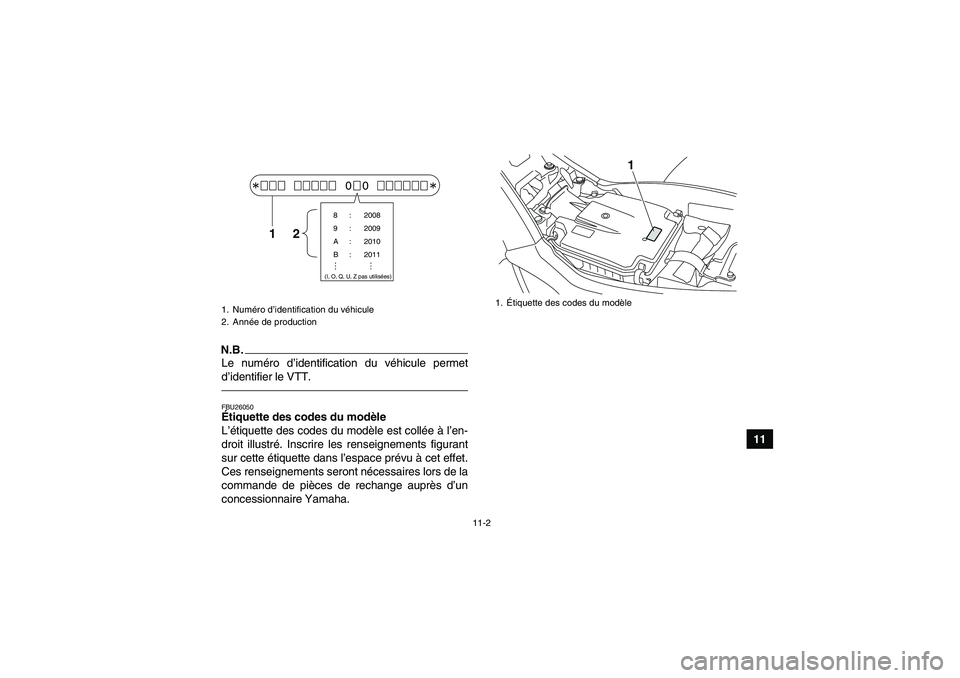 YAMAHA YFM250R 2011 Notices Demploi (in French) 11-2
11
N.B.Le numéro d’identification du véhicule permet
d’identifier le VTT.FBU26050Étiquette des codes du modèle
L’étiquette des codes du modèle est collée à l’en-
droit illustré. YAMAHA YFM250R 2011 Notices Demploi (in French) 11-2
11
N.B.Le numéro d’identification du véhicule permet
d’identifier le VTT.FBU26050Étiquette des codes du modèle
L’étiquette des codes du modèle est collée à l’en-
droit illustré.
