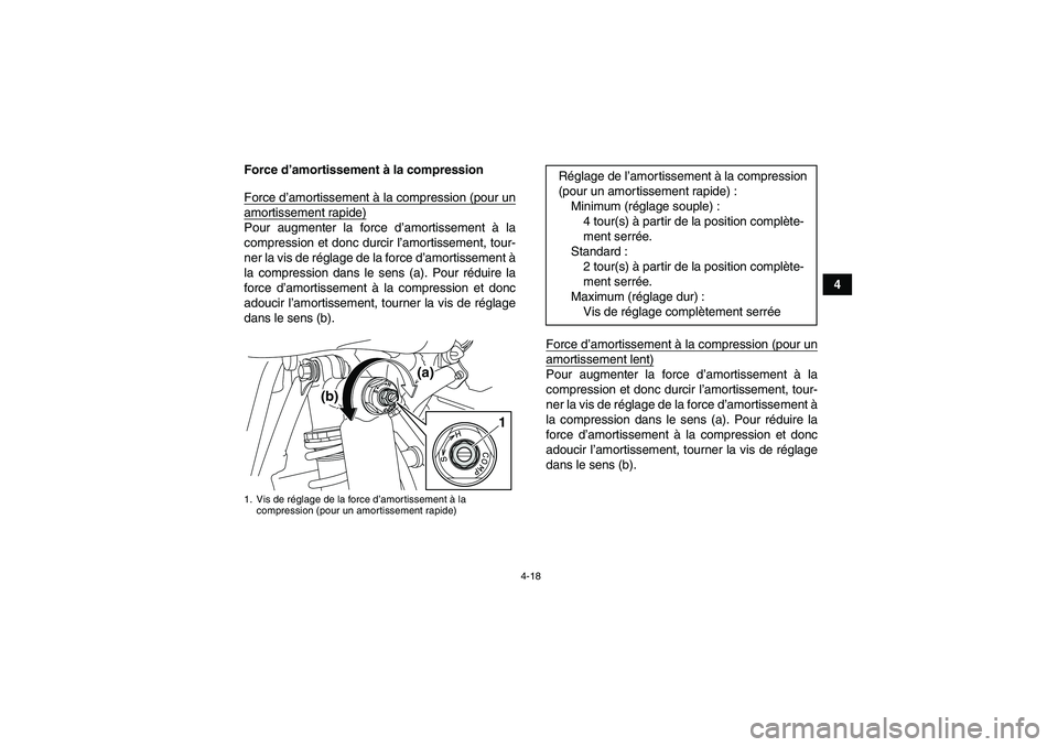 YAMAHA YFM250R 2011  Notices Demploi (in French) 4-18
4 Force d’amortissement à la compression
Force d’amortissement à la compression (pour un
amortissement rapide)Pour augmenter la force d’amortissement à la
compression et donc durcir l’