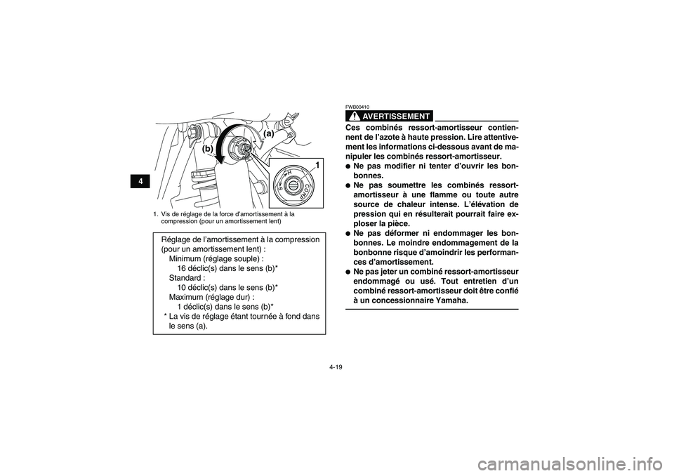 YAMAHA YFM250R 2011  Notices Demploi (in French) 4-19
4
AVERTISSEMENT
FWB00410Ces combinés ressort-amortisseur contien-
nent de l’azote à haute pression. Lire attentive-
ment les informations ci-dessous avant de ma-
nipuler les combinés ressort