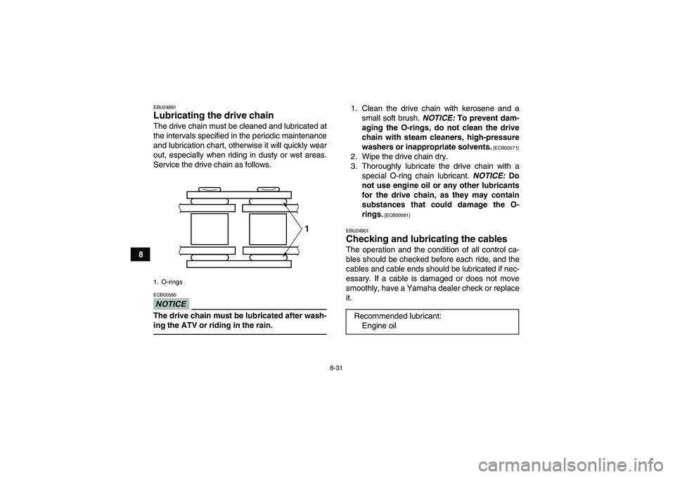 YAMAHA YFM250R 2010  Owners Manual 8-31
8
EBU24881Lubricating the drive chain The drive chain must be cleaned and lubricated at
the intervals specified in the periodic maintenance
and lubrication chart, otherwise it will quickly wear
o