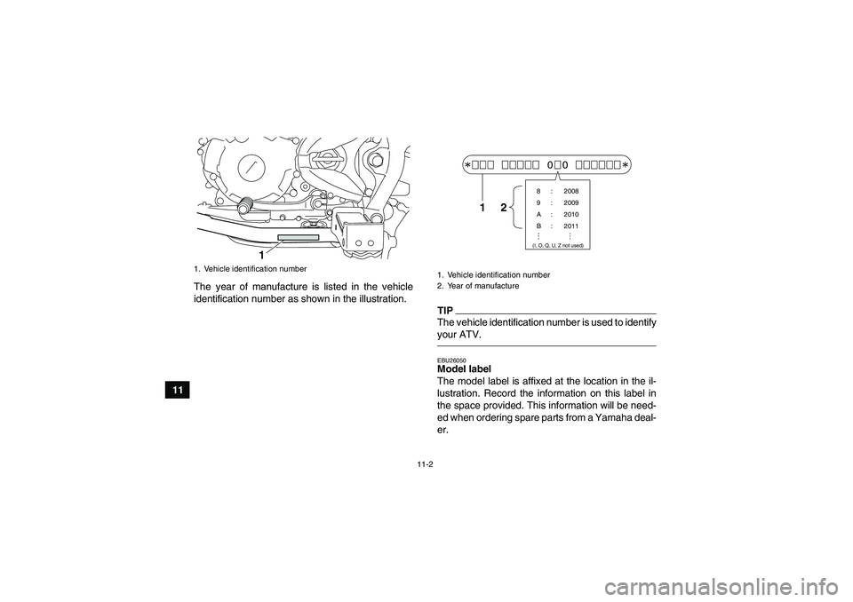 YAMAHA YFM250R 2010 Owners Manual 11-2
11The year of manufacture is listed in the vehicle
identification number as shown in the illustration.
TIPThe vehicle identification number is used to identify
your ATV.EBU26050Model label
The m YAMAHA YFM250R 2010 Owners Manual 11-2
11The year of manufacture is listed in the vehicle
identification number as shown in the illustration.
TIPThe vehicle identification number is used to identify
your ATV.EBU26050Model label
The m