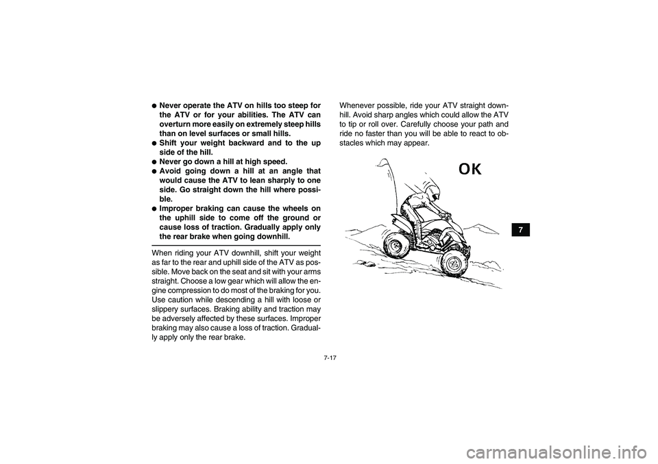 YAMAHA YFM250R 2010 Manual PDF 7-17
7
Never operate the ATV on hills too steep for
the ATV or for your abilities. The ATV can
overturn more easily on extremely steep hills
than on level surfaces or small hills.Shift your weight b