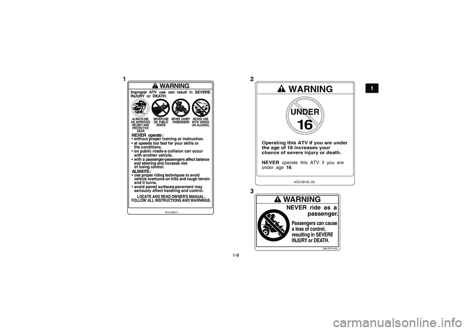 YAMAHA YFM250R 2010  Manuale de Empleo (in Spanish) 1-9
1
3B4-2151H-00
WARNINGNEVER  ride  as  a
             passenger.Passengers can cause
a loss of control,
resulting in SEVERE
INJURY or DEATH.
WARNING
Improper ATV use can result in SEVERE
INJURY or