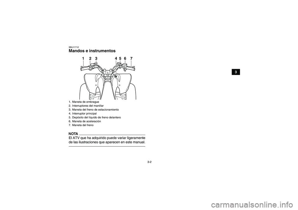 YAMAHA YFM250R 2010  Manuale de Empleo (in Spanish) 3-2
3
SBU17712Mandos e instrumentosNOTAEl ATV que ha adquirido puede variar ligeramente
de las ilustraciones que aparecen en este manual.1. Maneta de embrague
2. Interruptores del manillar
3. Maneta d