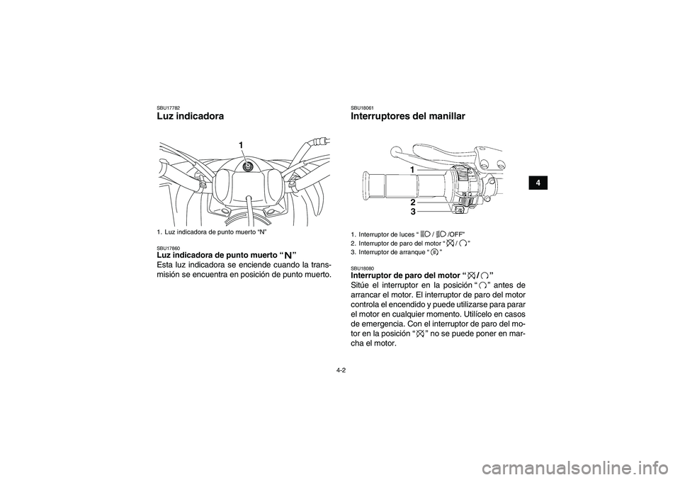 YAMAHA YFM250R 2010  Manuale de Empleo (in Spanish) 4-2
4
SBU17782Luz indicadora SBU17860Luz indicadora de punto muerto“” 
Esta luz indicadora se enciende cuando la trans-
misión se encuentra en posición de punto muerto.
SBU18061Interruptores del