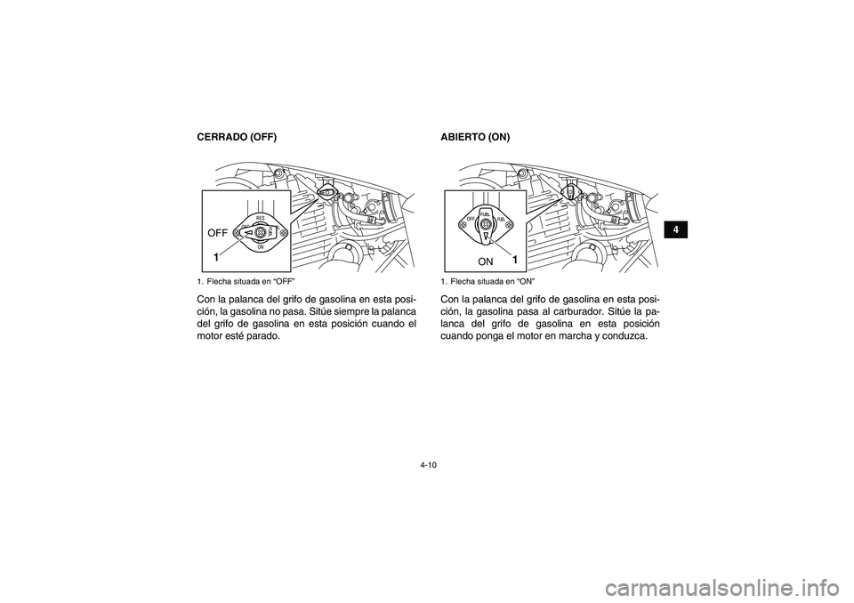 YAMAHA YFM250R 2010  Manuale de Empleo (in Spanish) 4-10
4 CERRADO (OFF)
Con la palanca del grifo de gasolina en esta posi-
ción, la gasolina no pasa. Sitúe siempre la palanca
del grifo de gasolina en esta posición cuando el
motor esté parado.ABIER